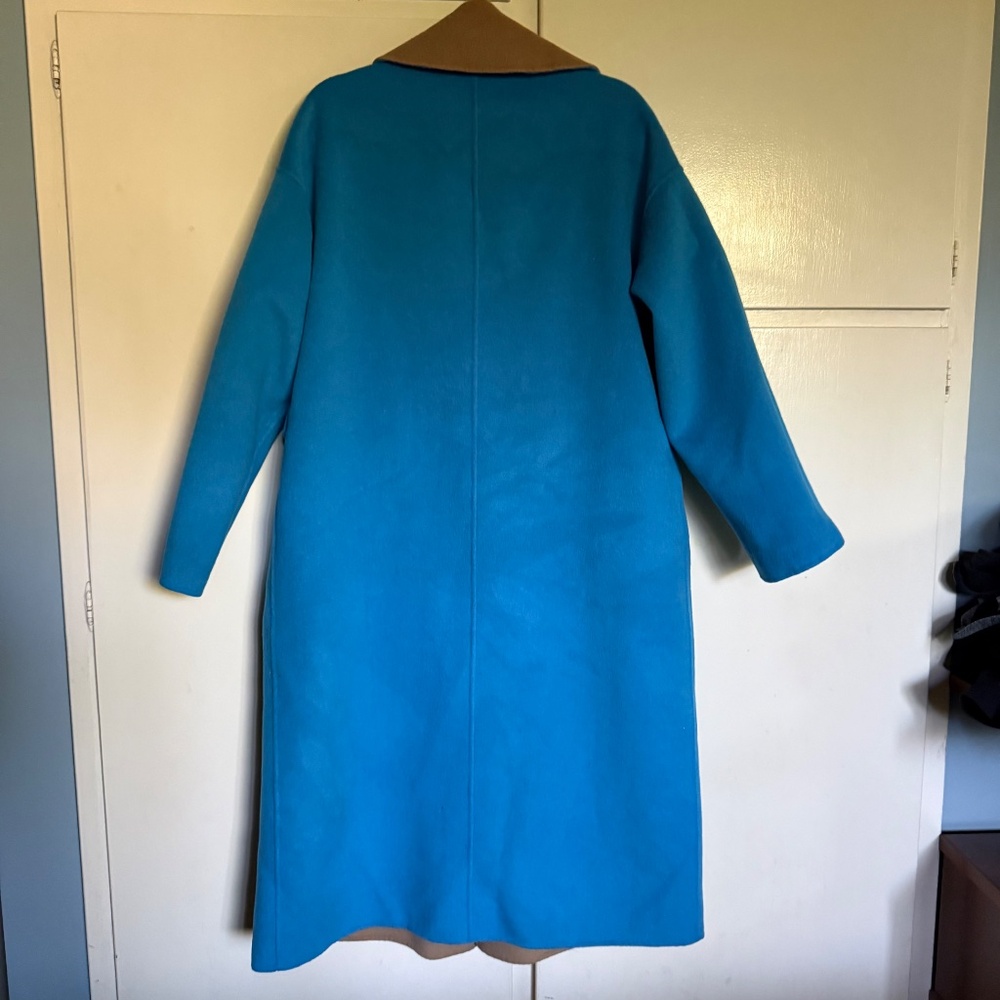 Essentiel Antwerp Reversible Camel Turquoise Wool Blend Wrap Coat Size 36 US 4 - Picture 10 of 16